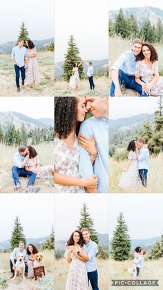 a collage of people in the grass with trees and mountains behind them, one man is holding his wife's head