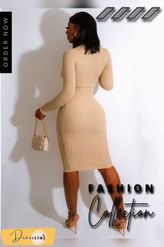 Fall Long Sleeve Bodycon Cut Out Knitted Dresses Winter Beige Ribbed Bodycon Dress, Chic Ribbed Sweater Dress, Winter Beige Knee-length Bodycon Dress, Chic Non-stretch Ribbed Sweater Dress, Casual Beige Bodycon Dress For Fall, Beige Bodycon Knee-length Sweater Dress, Casual Beige Bodycon Sweater Dress, Beige Ribbed Long Sleeve Bodycon Dress, Fall Beige Midi Bodycon Dress