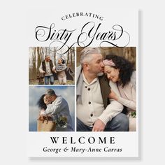 an old man and woman sitting next to each other in front of a sign that reads, celebrating sixty years welcome george & mary - anne carrs