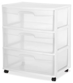 a white plastic drawer with four drawers on wheels and three bins in the bottom