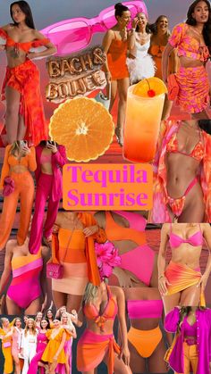 a collage of women in swimsuits and orange slices