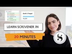 a woman standing in front of a computer screen with the words learn scrivener in 20 minutes