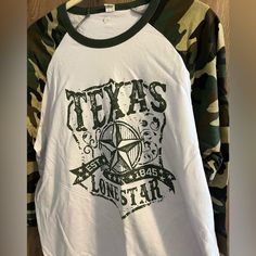 Brand New Without Tags, Cute Texas Lonestar Long Sleeve Tshirt, 21” Armpit To Armpit, 30” Long, 22” Sleeves. Punk Long Sleeve T-shirt With Letter Print, Vintage Long Sleeve Slogan T-shirt, Casual Long Sleeve T-shirt With Flag Print, Hip Hop Long Sleeve Graphic T-shirt, White Long Sleeve T-shirt With American Flag Print, Lone Star, Camouflage, Texas, Long Sleeve Tees