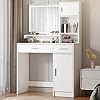 a white vanity with mirror and drawers in a room