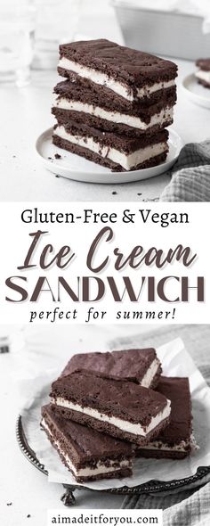 three slices of ice cream sandwich on plates with the title text overlay reads gluten - free & vegan ice cream sandwich perfect for summer