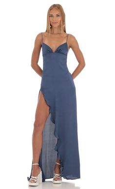 Satin Ruffle Maxi Dress in Blue | LUCY IN THE SKY Paris Mode, Prom Dress Inspiration, Cute Prom Dresses, Pretty Prom Dresses, Grad Dresses, Prom Outfits, Glam Dresses