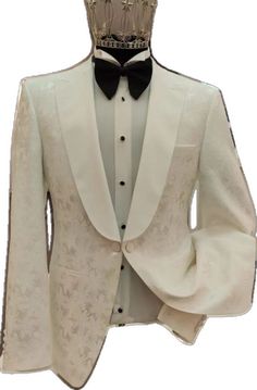 White Tuxedo With Single Button And Lapel Collar, White Single Button Tuxedo With Lapel Collar, White Long Sleeve Tuxedo For Party, White Fitted Shawl Collar Blazer, White Fitted Blazer With Shawl Collar, Fitted White Blazer With Shawl Collar, Elegant Jacquard Party Suits, Elegant White Single Button Tuxedo, White Single Button Elegant Tuxedo