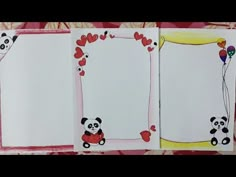 an open children's book with pandas and balloons on the pages, which are decorated with hearts