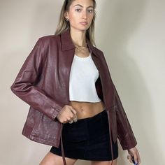 Burgundy Leather Jacket Outfit, Leather Jacket Outfit Ideas, Womens Leather Jacket Outfit, Fitted Leather Jacket, Jacket Outfit Ideas, Grey Long Sweater, Maroon Leather Jacket, Leather Jacket Outfit