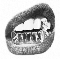 a black and white photo of a person's mouth with gums on it