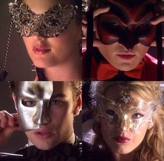 four different images of people with masks on their faces and one woman wearing a mask