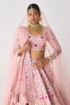 Orchid pink attached cancan lehenga with zardozi, thread embroidery in floral pattern. Paired with embroidered padded blouse and belt. Comes with scallop border embroidered dupatta and lace border embellished dupatta. - Aza Fashions Pink Wedding And Navratri Sets, Pink Wedding Sets For Navratri, Pink Sharara For Wedding And Navratri, Pink Cutdana Dupatta For Reception, Pink Cutdana Sharara For Wedding, Semi-stitched Pink Sets For Wedding, Wedding Semi-stitched Pink Sets, Pink Traditional Wear With Cutdana For Reception, Pink Wedding Sets With Cutdana Detailing