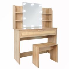 a wooden desk with a lighted mirror on top of it next to a bench and stool