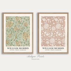 two framed posters with flowers and leaves on them, one has the name william morris