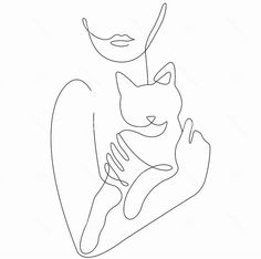 a line drawing of a woman holding a cat in her arms, with one hand on the other side