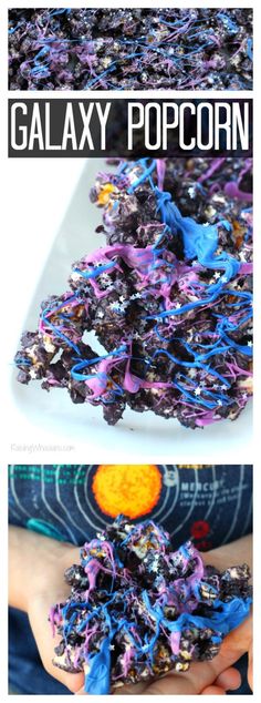 the process to make galaxy popcorn is shown in three different pictures, including blue and purple sprinkles