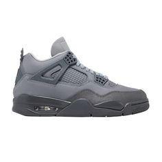 Find JORDAN 4 Retro Se 'wet Cement on Editorialist. The Air Jordan 4 Retro SE 'Wet Cement' also known as 'Paris Olympics' drapes the classic silhouette in a neutral monochrome design in honor of the 2024 Summer Olympics. Varying shades of grey are applied to the nubuck upper, featuring a suede forefoot overlay and a debossed grid pattern on the quarter panel. Speckled detailing covers the TPU support wings and molded back tab, marked with a raised Jumpman icon. A second Jumpman logo decorates the tongue. The sneaker sits atop a dark grey polyurethane midsole with visible Air-sole cushioning in the heel. Wet Cement Jordan 4, Jordan 4 Gray, Grey Jordan 4, Cement 4s, 2024 Summer Olympics, Grey Jordans, Cement Color, Jordan 4s, Paris Olympics