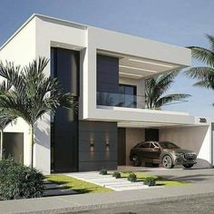 an artist's rendering of a modern house with two cars parked in the driveway