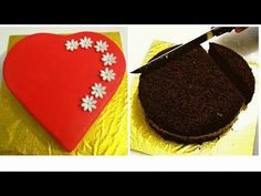 two pictures of a heart shaped cake with chocolate frosting and white flowers on it