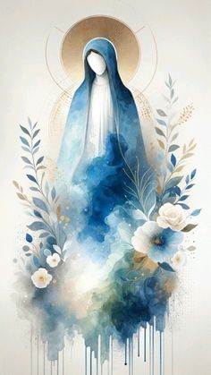 the virgin mary in blue and white with flowers on it, surrounded by watercolor paint