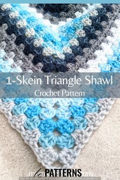 a crocheted triangle is shown with the text, 1 - skein triangle shawl