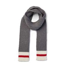 a gray scarf with red and white stripes on the ends, sitting against a white background