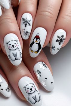 Trendy Winter Nails Almond, Winter Animal Nail Art, Polar Bear Nail Designs, Polar Bear Nails Christmas, Penguin Nails Designs, Winter Penguin Nails, Winter Animal Nails, Penguin Christmas Nails, Penguin Nail Designs