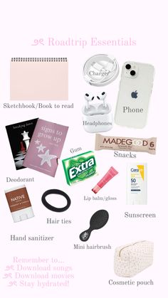 Coquette/Pink/Cute/Whats in my bag/Road trip essentials Road Trip Necessities, Sleepover Essentials, School Backpack Essentials, Airplane Travel Essentials, Carry On Essentials, Travel Packing Checklist