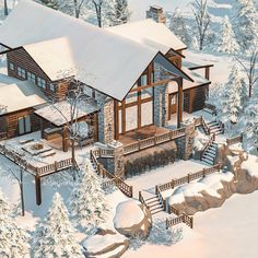 this is an artist's rendering of a house in the snow with stairs leading up to it