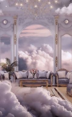 a living room filled with furniture and clouds