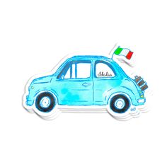 a blue car with luggage on the back and italy flag sticker attached to it