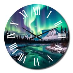 a clock with an image of the aurora bore in it's center and green lights above