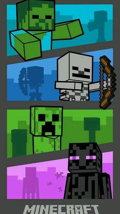 an image of some minecraft characters in different colors and sizes, with the words minecraft on them