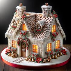 Christmas Cake House, Elaborate Gingerbread Houses, Beautiful Christmas Cakes, House Cake Ideas, Gingerbread Houses Ideas, Gingerbread Farmhouse, Gingerbread House Art, Gingerbread House Cake, Homemade Gingerbread House