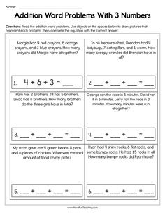 addition word problems worksheet for 3rd grade students to solve the problem with 3 numbers