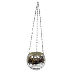 a mirror ball hanging from a metal chain