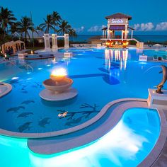 an outdoor swimming pool surrounded by palm trees and water features a fountain at the end