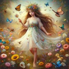 a painting of a girl in a white dress surrounded by flowers and butterflies, with her hair blowing in the wind