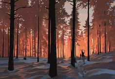 a painting of people walking through the woods at sunset