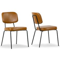 two brown chairs sitting next to each other on top of a white surface with black legs