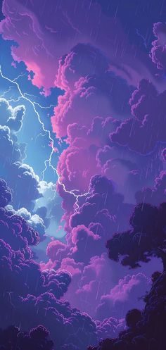 the sky is filled with purple clouds and blue skies, as if it were raining