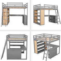 four different views of a loft bed with desk and shelves in the bottom right corner