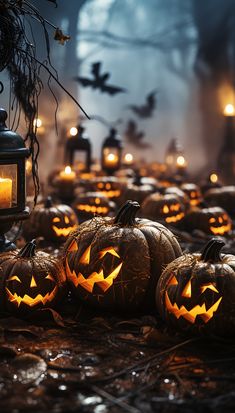 a group of carved pumpkins sitting on top of a floor next to a lantern