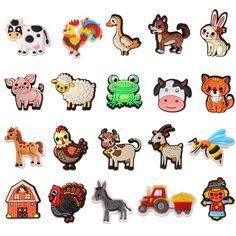 many different types of farm animals on a white background