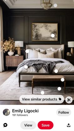 an image of a bedroom with black walls and white bedding, which is featured on instagram