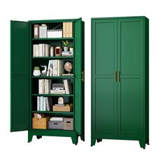 two green bookcases next to each other