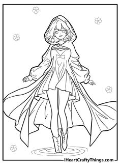 a coloring page with a girl in a raincoat and boots, standing on the ground