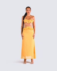 A splash of color and some ruffles are always a good idea 😉 Be the light they all need in their life with this gorgeous 2 piece set. Made from drapey chiffon fabric, and features a yellow ruffle top and maxi skirt 💛 Summer Ruffled Fitted Skirt Set, Fitted Ruffled Skirt Set For Summer, Fitted Ruffle Skirt Set For Summer, Flowy Maxi Dress For Day Out, Flowy Ruffled Summer Maxi Skirt, Flowy Maxi Dress With Ruffled Skirt For Beach, Summer Maxi Dress With Ruffled Skirt, Flowy Ruffled Maxi Skirt For Vacation, Ruffled Maxi Skirt For Beach