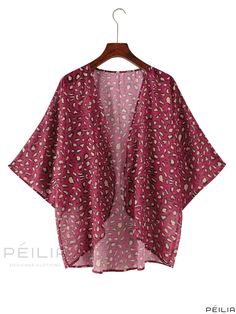 Peilia - Burgundy Leopard Print Beachwear Cardigan with V-Neckline, Batwing Sleeves, and Non-Stretch Fabric - Stylish Swimwear and Clothing for Women Fall Printed V-neck Cardigan, Red Summer Beach Cardigan, Red V-neck Summer Cardigan, Summer Printed V-neck Cardigan, Pink V-neck Cardigan For Vacation, Batwing Sleeve, Sheer Fabrics, Bat Wings, Clothing For Women