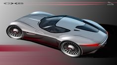 an artistic rendering of a futuristic car on a red and gray background with the word xs above it